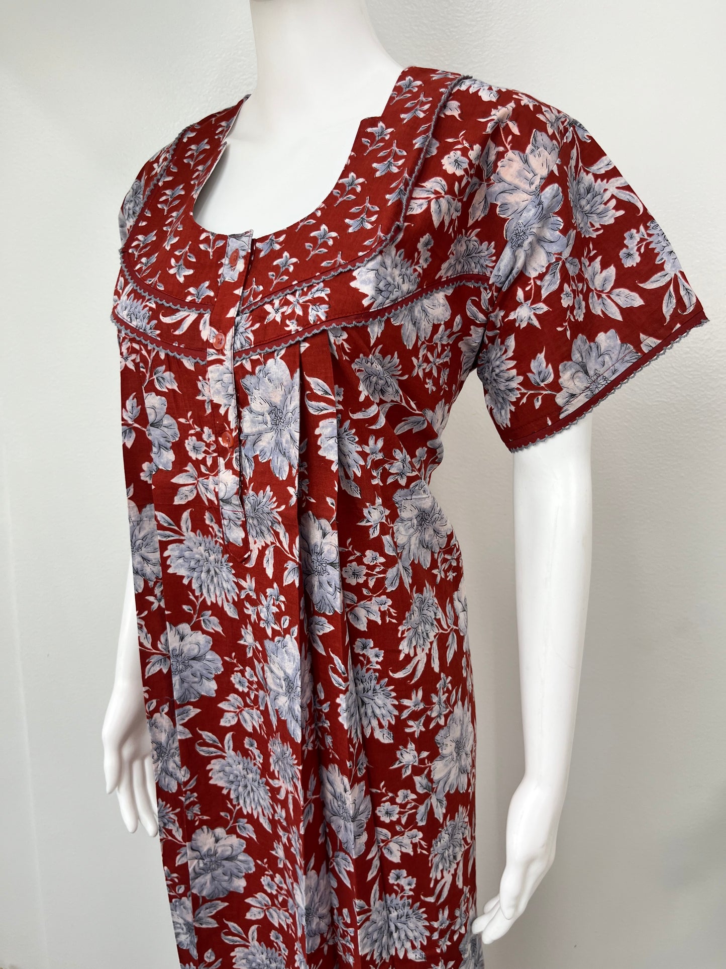 Maroon Pleated 100% Cotton Nightgown
