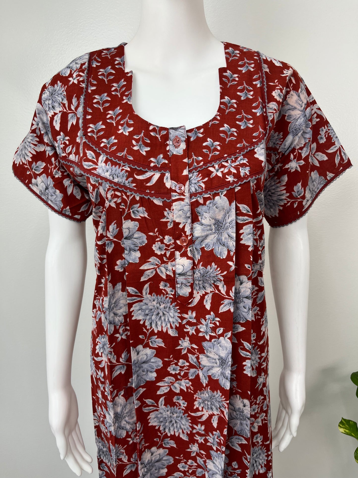Maroon Pleated 100% Cotton Nightgown