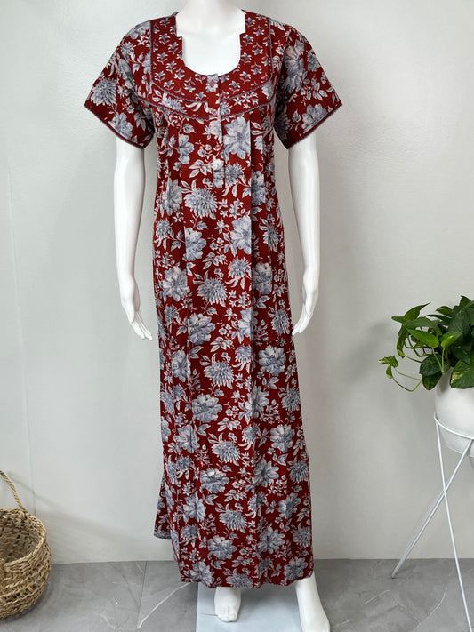Maroon Pleated 100% Cotton Nightgown