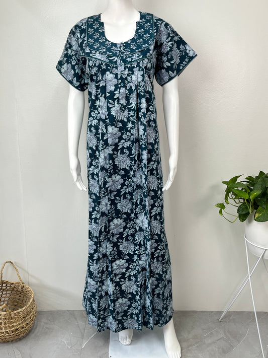 Teal Blue Floral Printed Cotton Nighty for Women