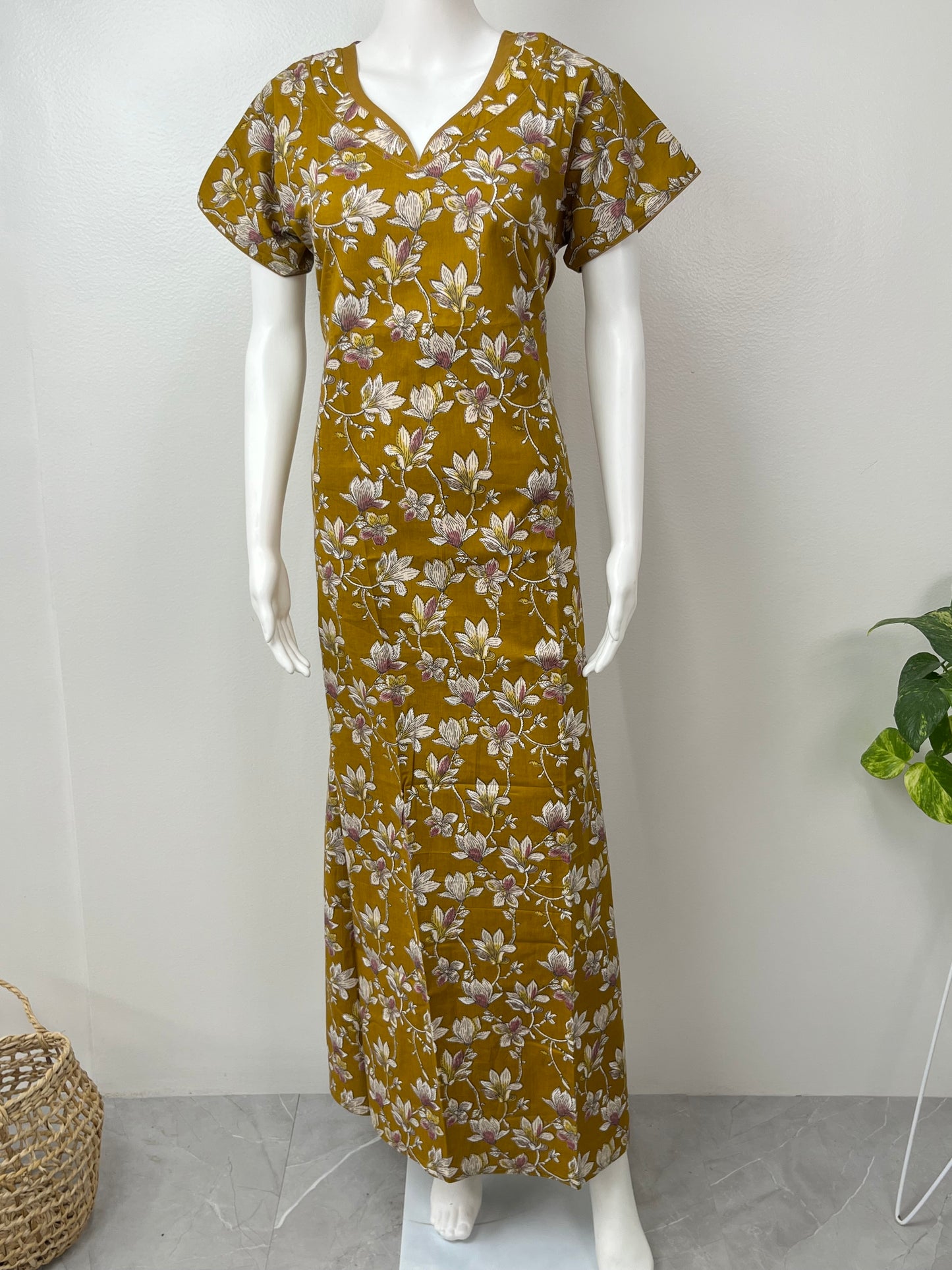 Mustard Pure Cotton Floral Nighty for Women