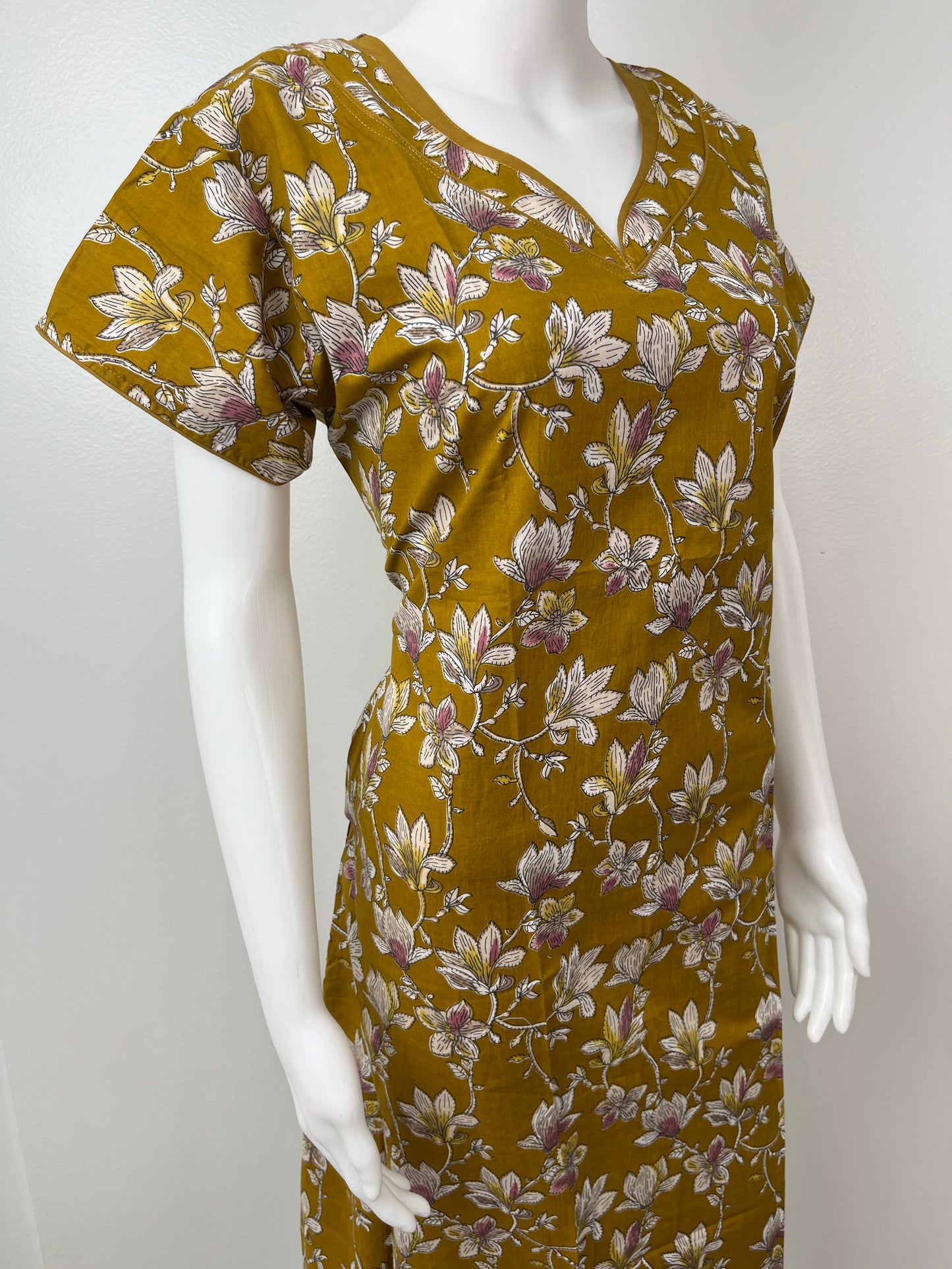 Mustard Pure Cotton Floral Nighty for Women