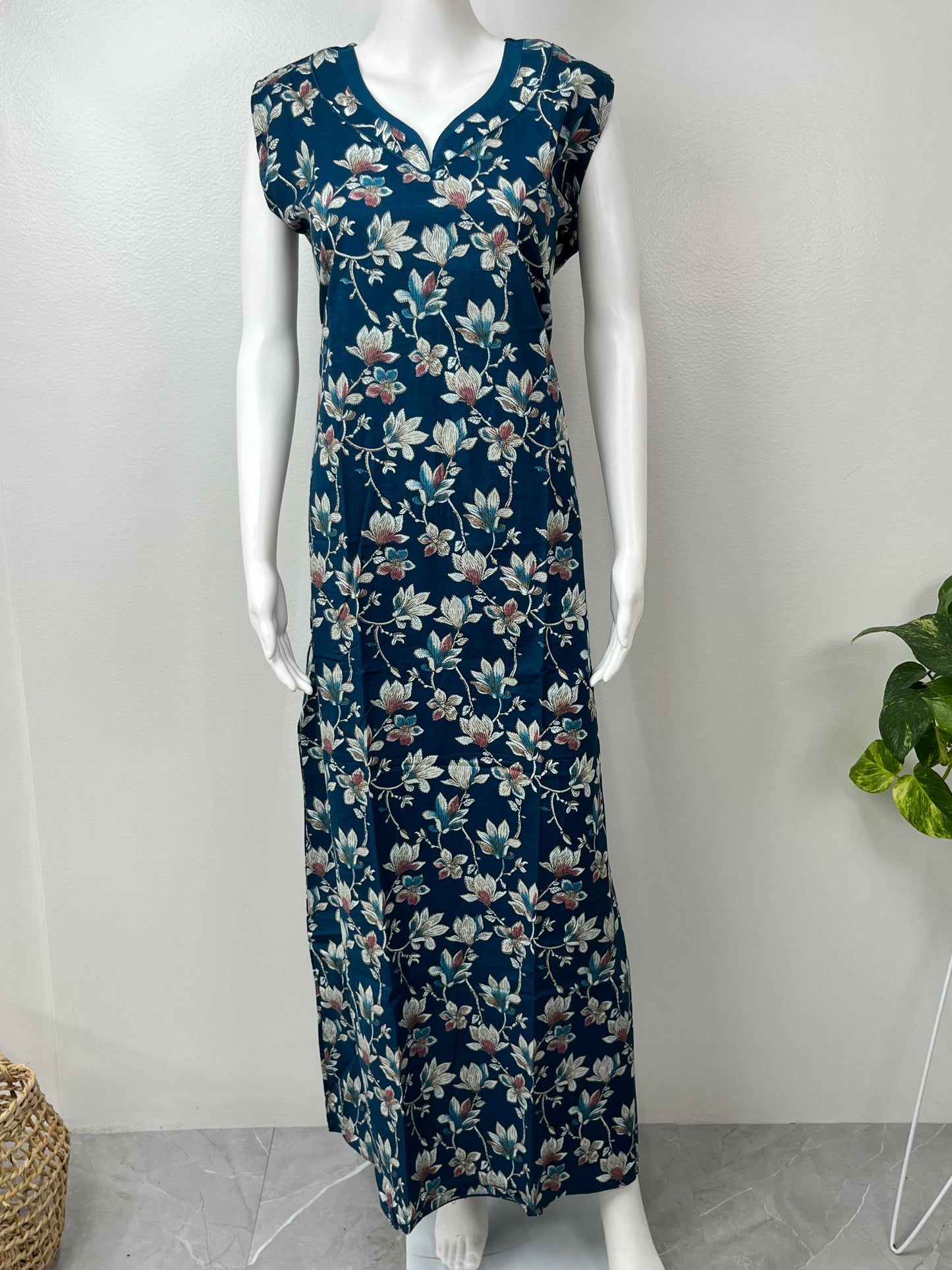 Teal Printed Sleeveless Nighty For Women