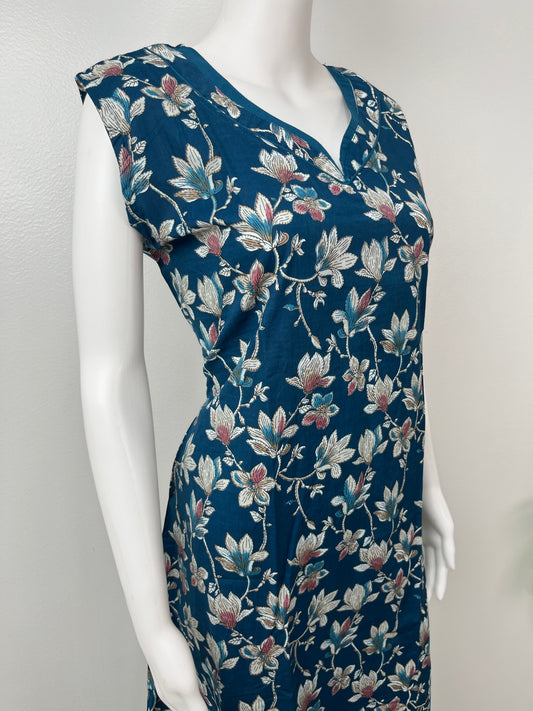 Teal Printed Sleeveless Nighty For Women