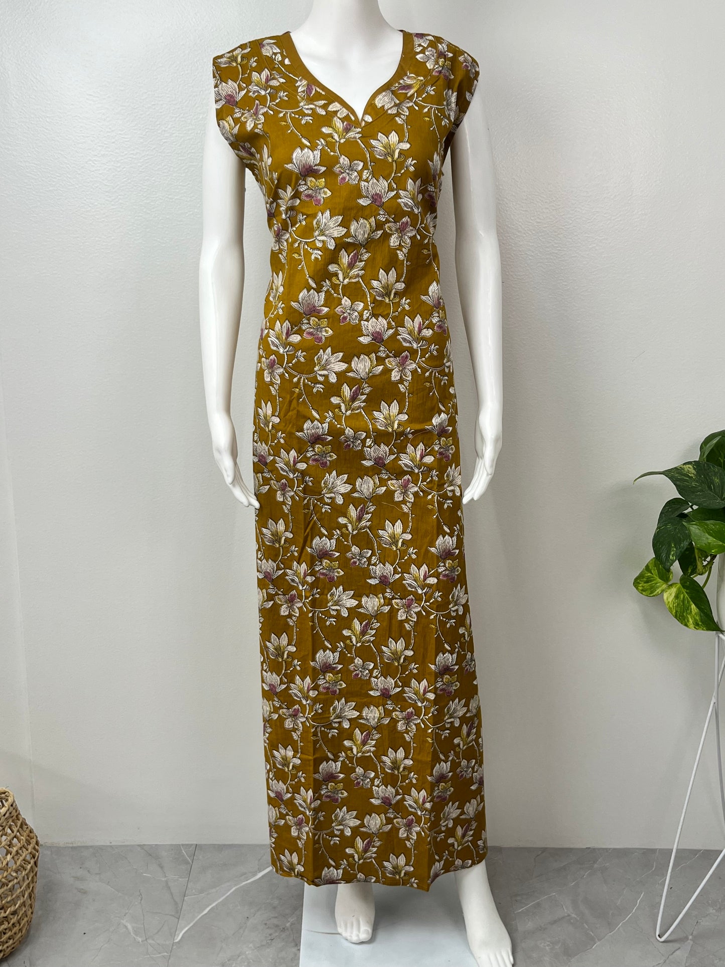 Mustard Pure Cotton Sleeveless Nighty for Women