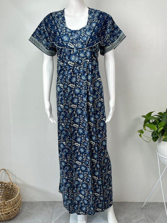 Navy Blue Floral Printed Cotton Nighty for Women