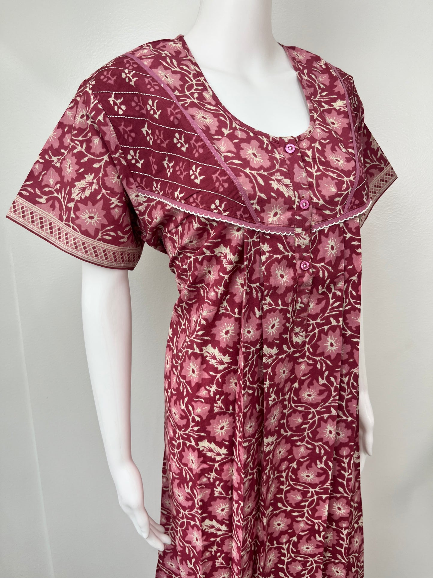 Maroon Pleated Pure Cotton Women's Nightgown