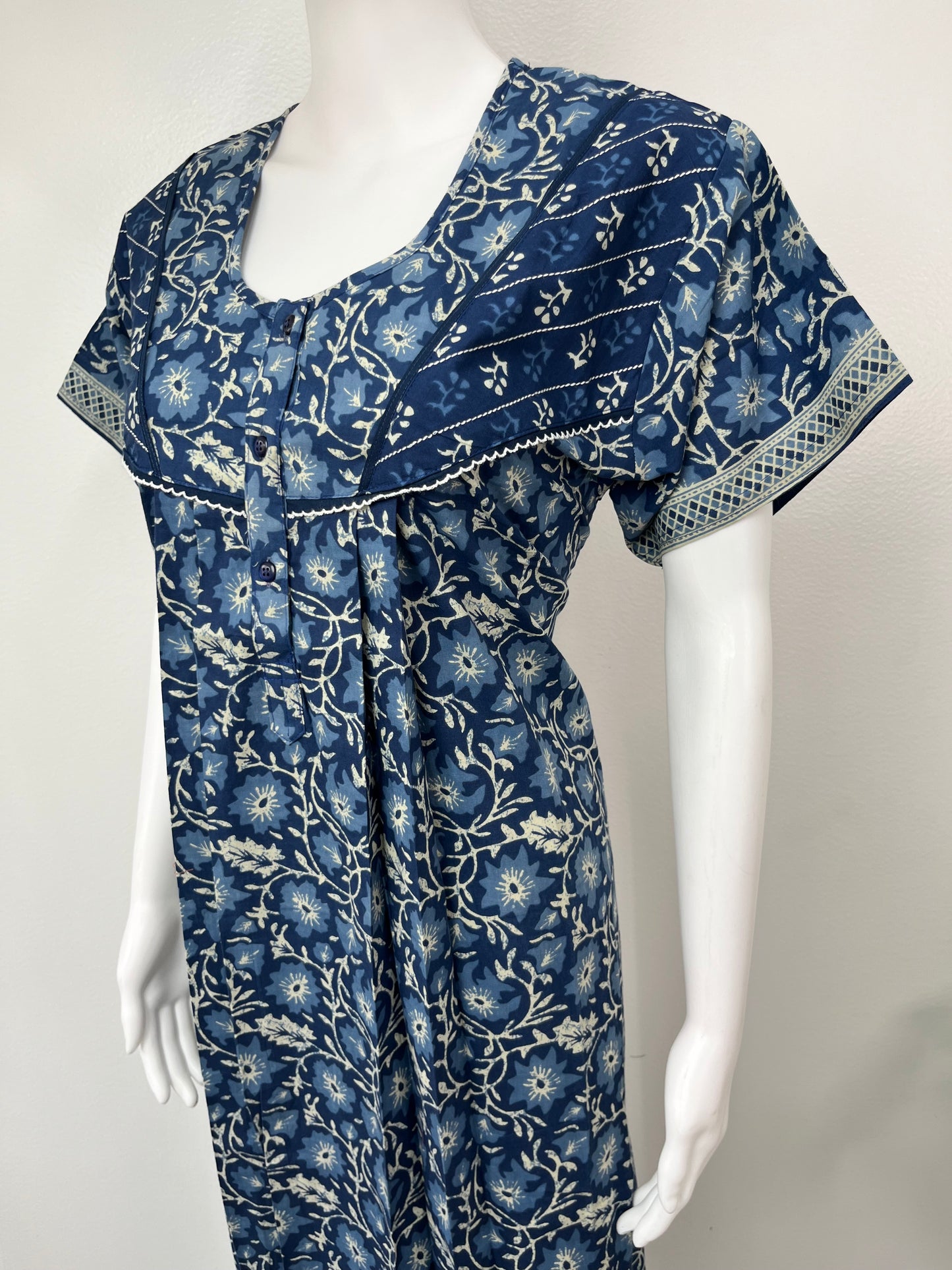 Navy Blue Floral Printed Cotton Nighty for Women