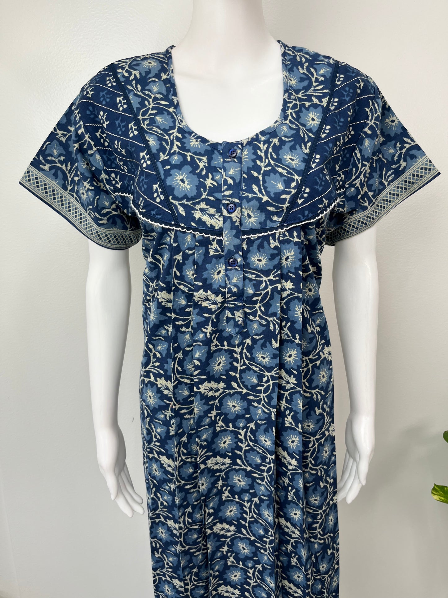 Navy Blue Floral Printed Cotton Nighty for Women