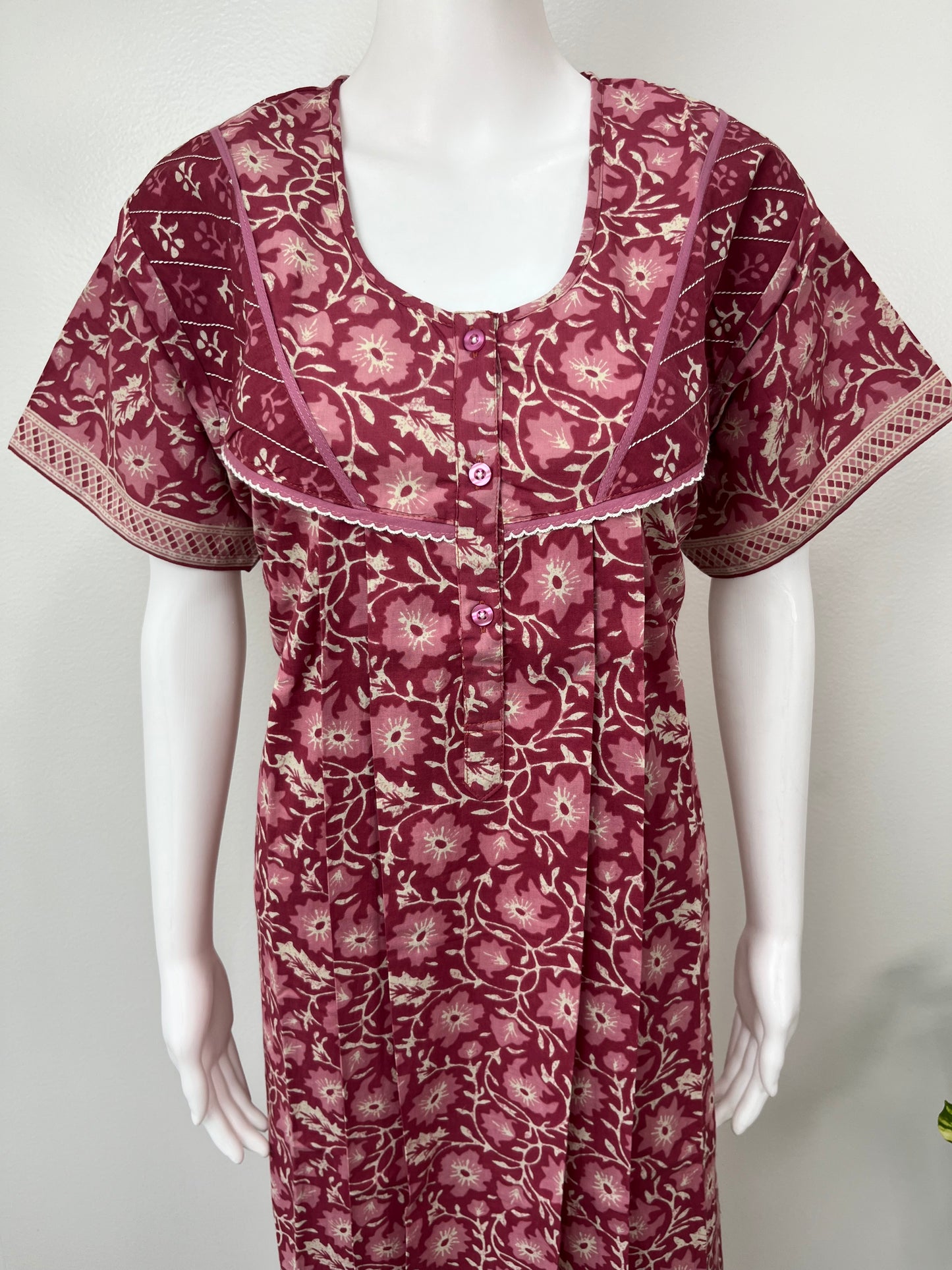 Maroon Pleated Pure Cotton Women's Nightgown