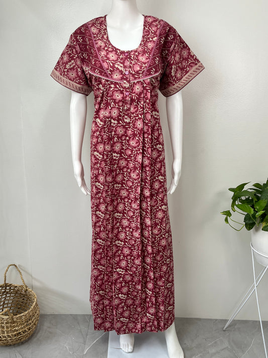 Maroon Pleated Pure Cotton Women's Nightgown