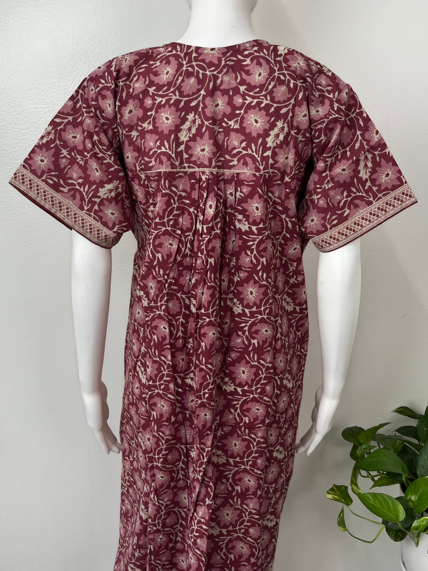 Maroon Pleated Pure Cotton Women's Nightgown