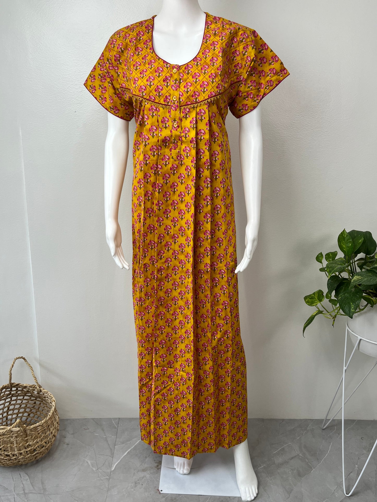 Mustard Pure Cotton Nightgown with Classic Embroidery