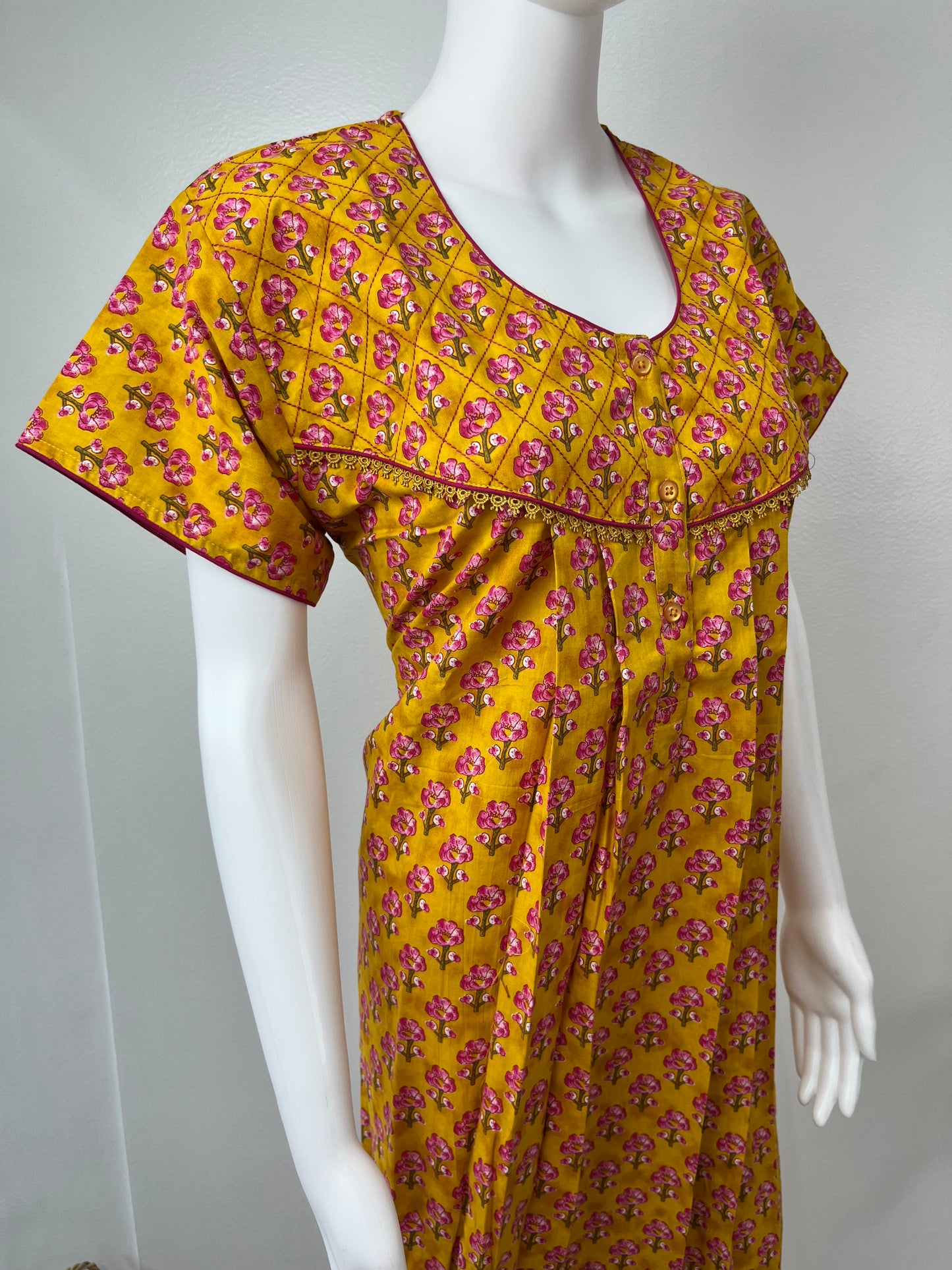 Mustard Pure Cotton Nightgown with Classic Embroidery