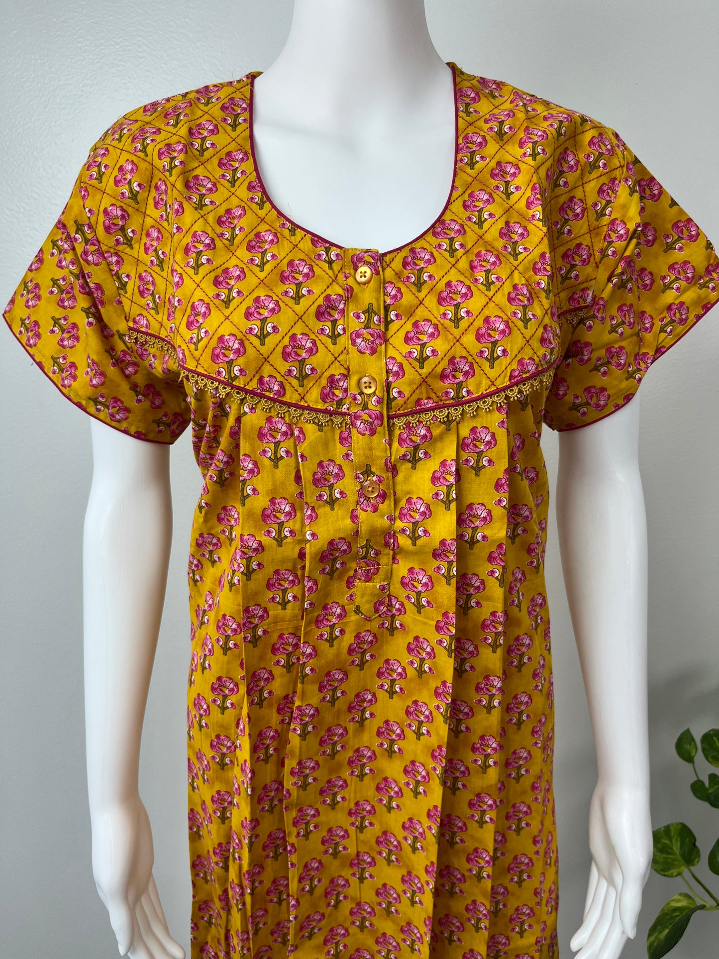 Mustard Pure Cotton Nightgown with Classic Embroidery