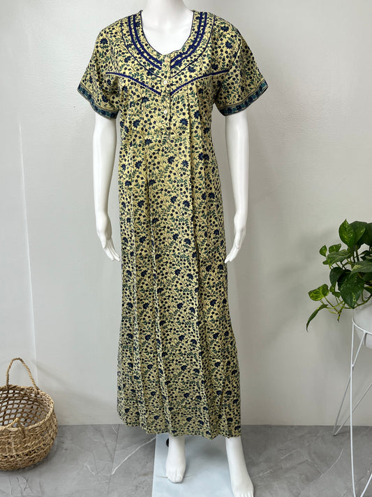 Yellow 100% Cotton Nighty for Women with Contrast Print
