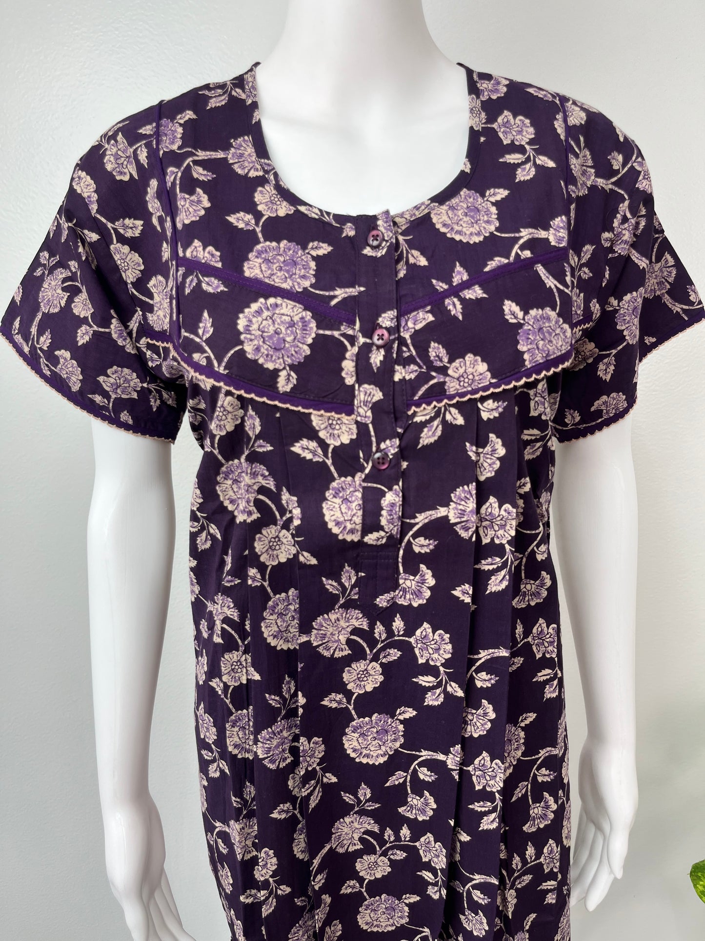 Purple 100% Cotton Pleated Women's Nighty