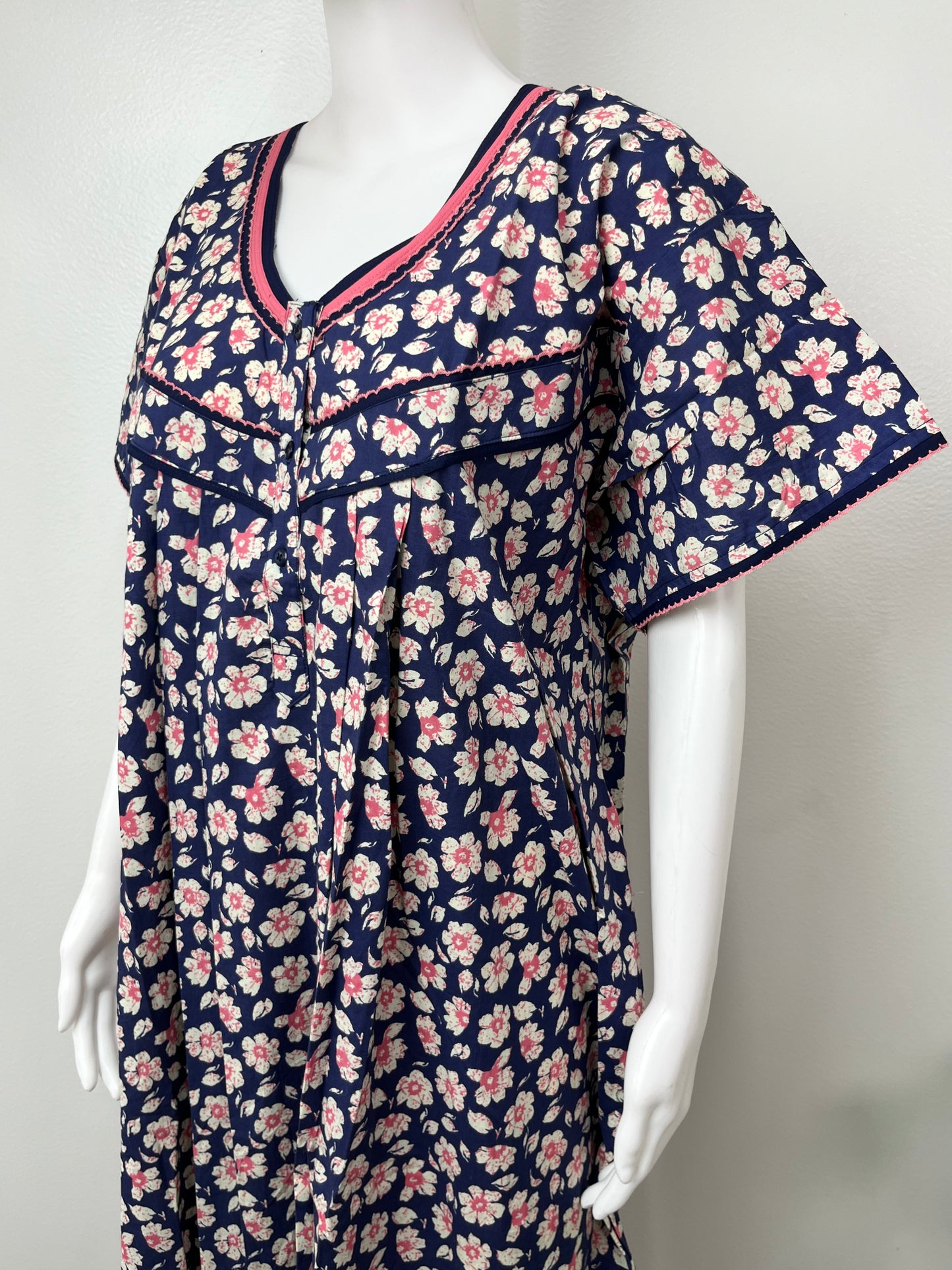 Navy Blue Floral Printed 100% Cotton Nighty
