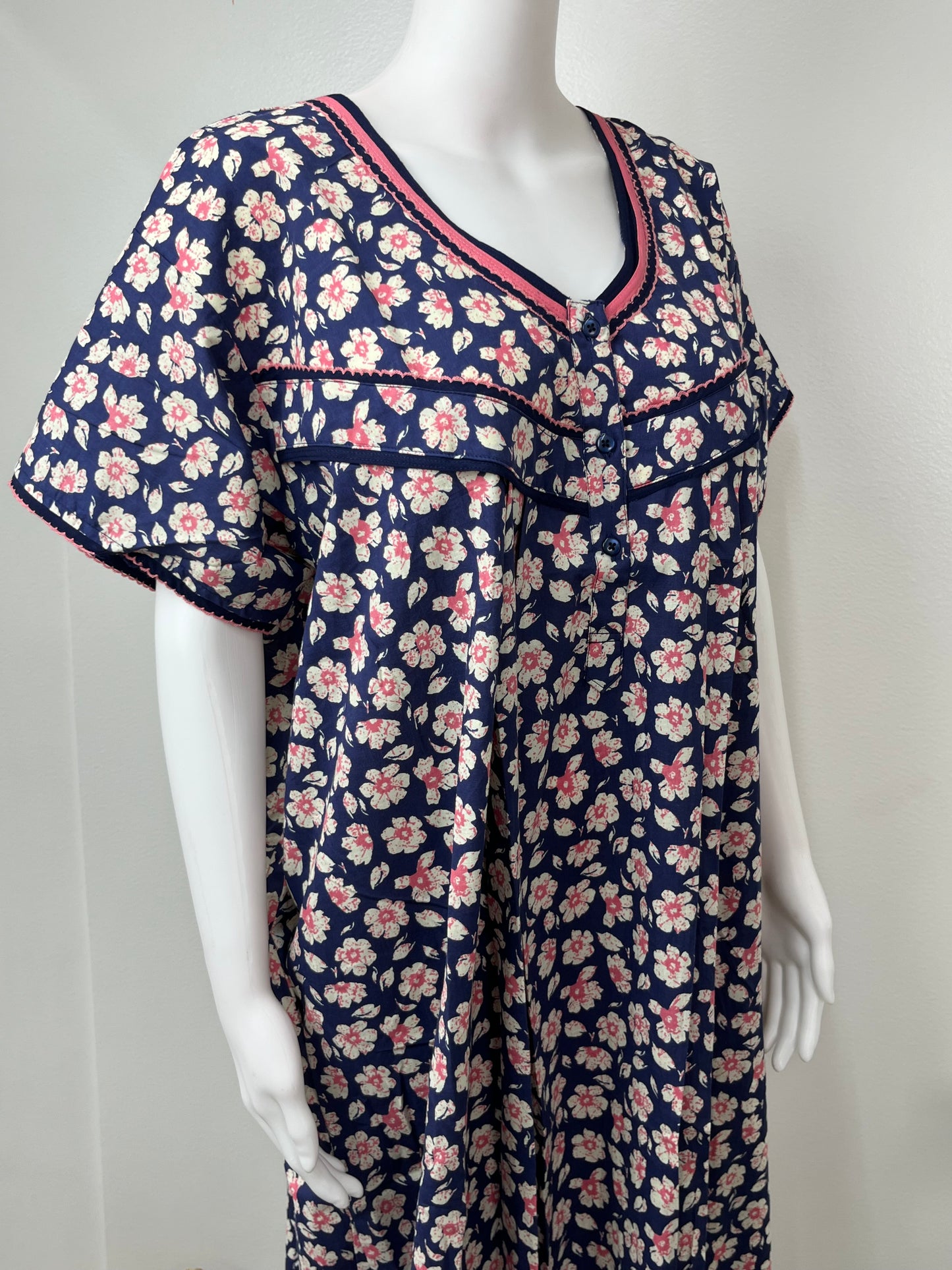 Navy Blue Floral Printed 100% Cotton Nighty