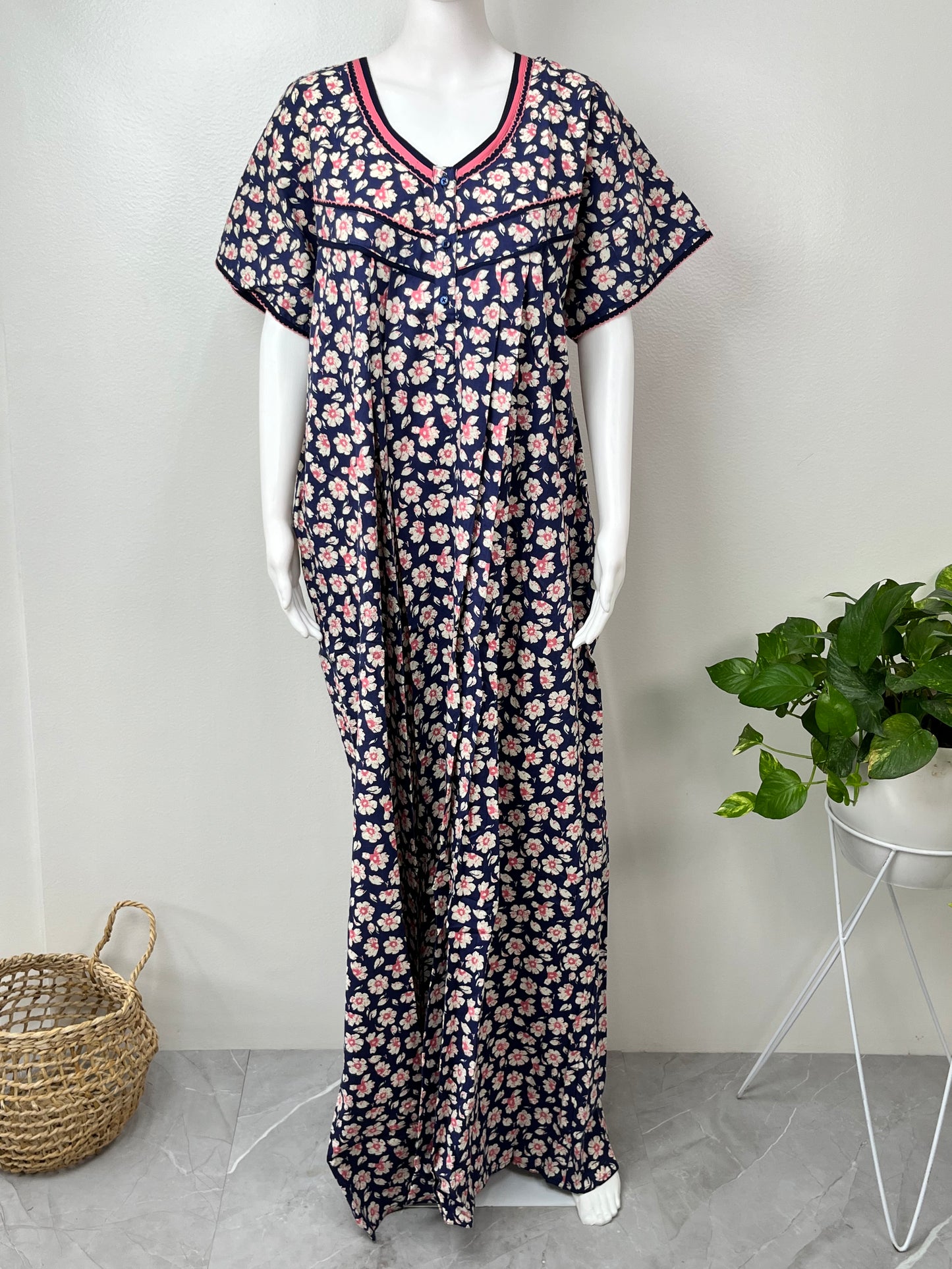 Navy Blue Floral Printed 100% Cotton Nighty