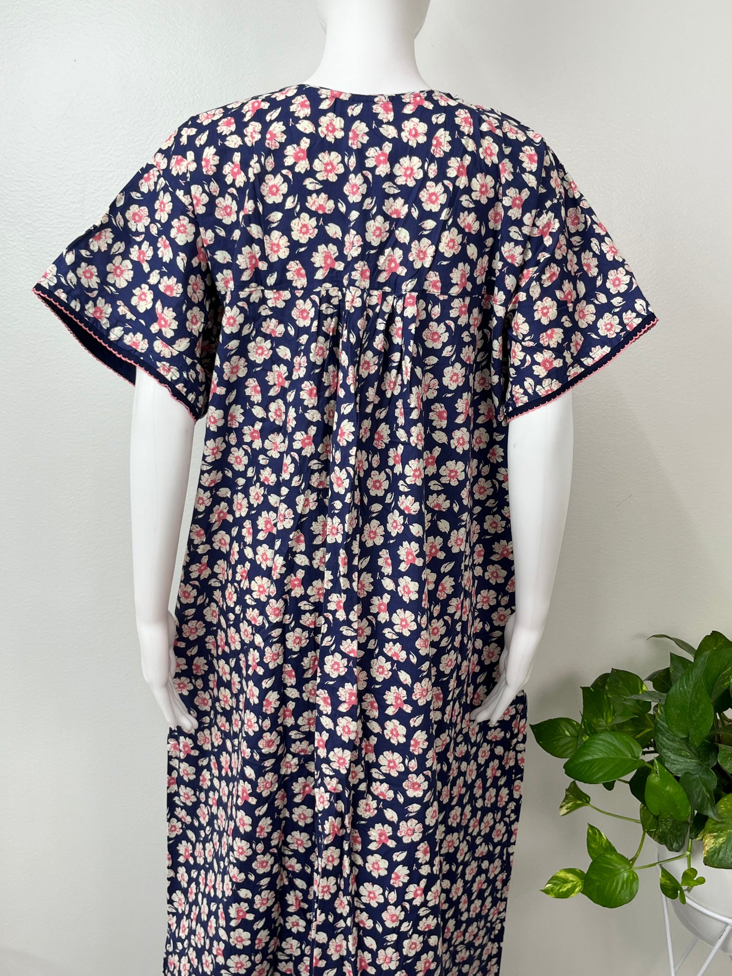 Navy Blue Floral Printed 100% Cotton Nighty
