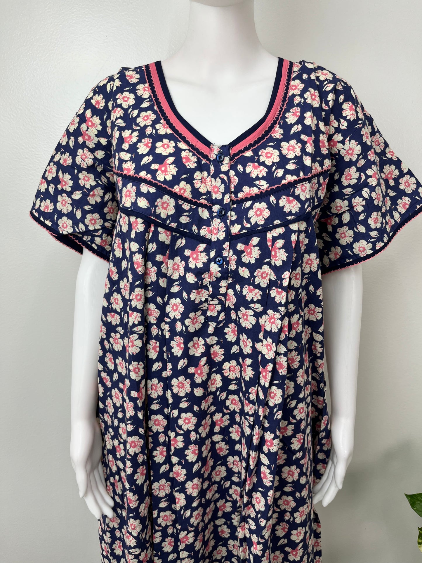 Navy Blue Floral Printed 100% Cotton Nighty