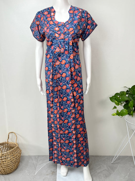 Royal Blue Floral Printed Cotton Nighty