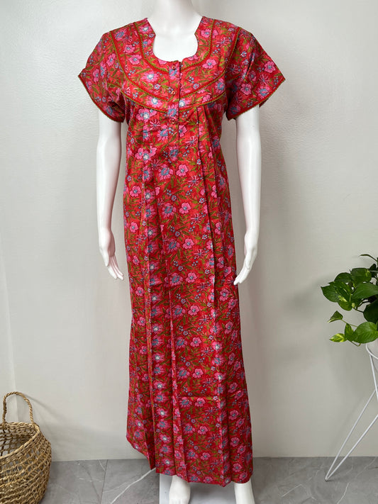 Maroon Pleated 100% Cotton Nightgown