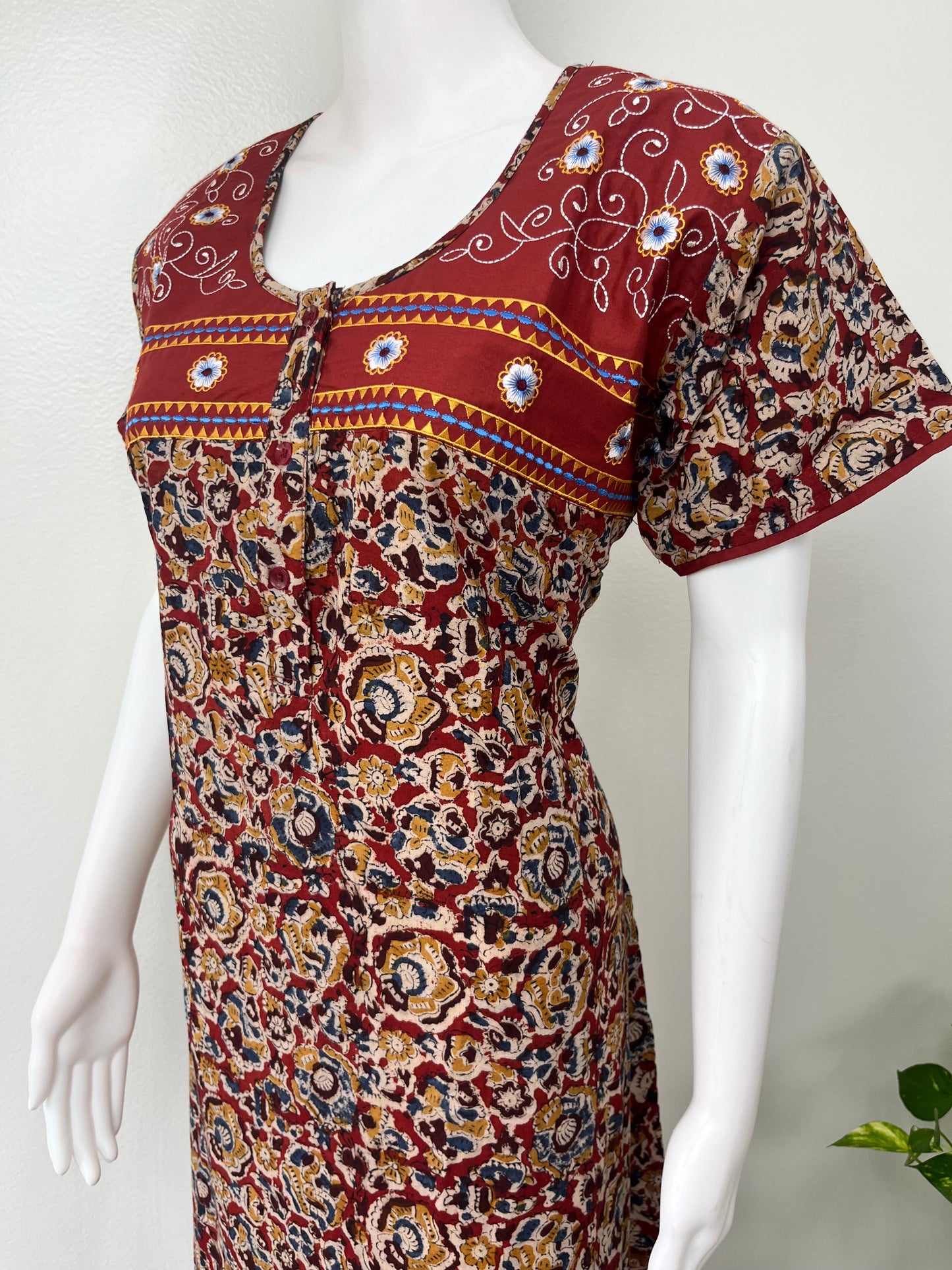 Maroon 100% Cotton Embroidered Nighty