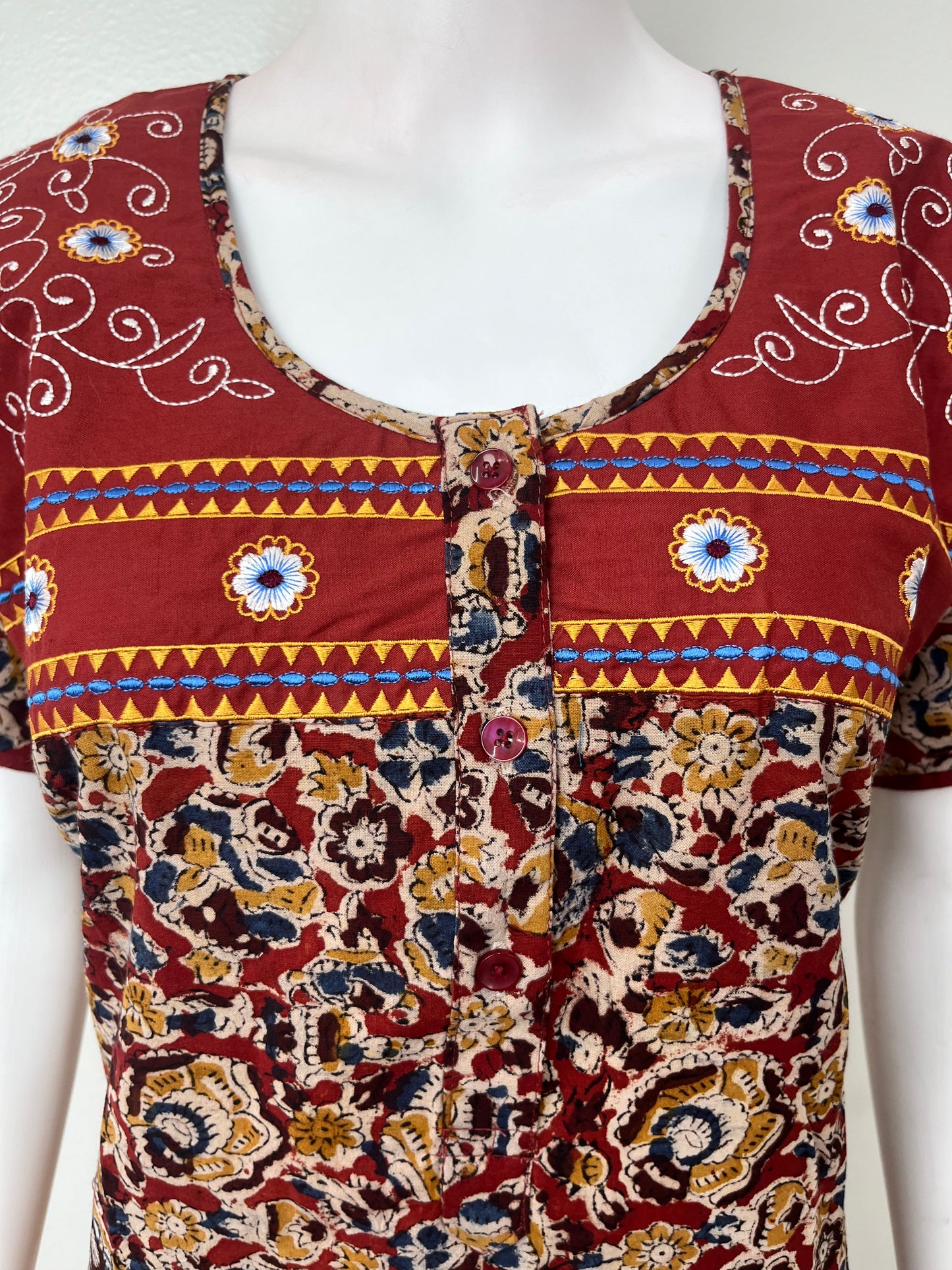 Maroon 100% Cotton Embroidered Nighty