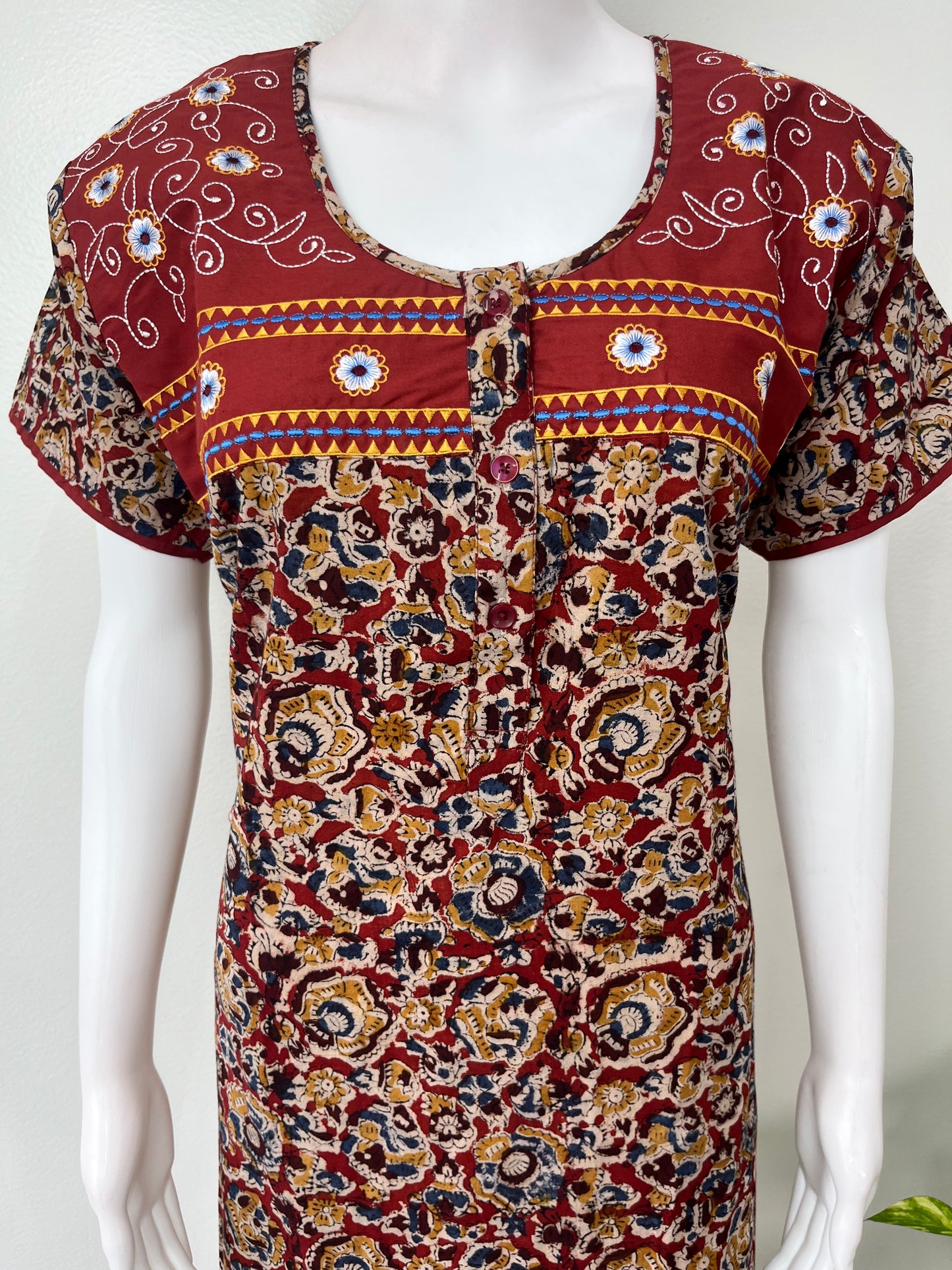Maroon 100% Cotton Embroidered Nighty