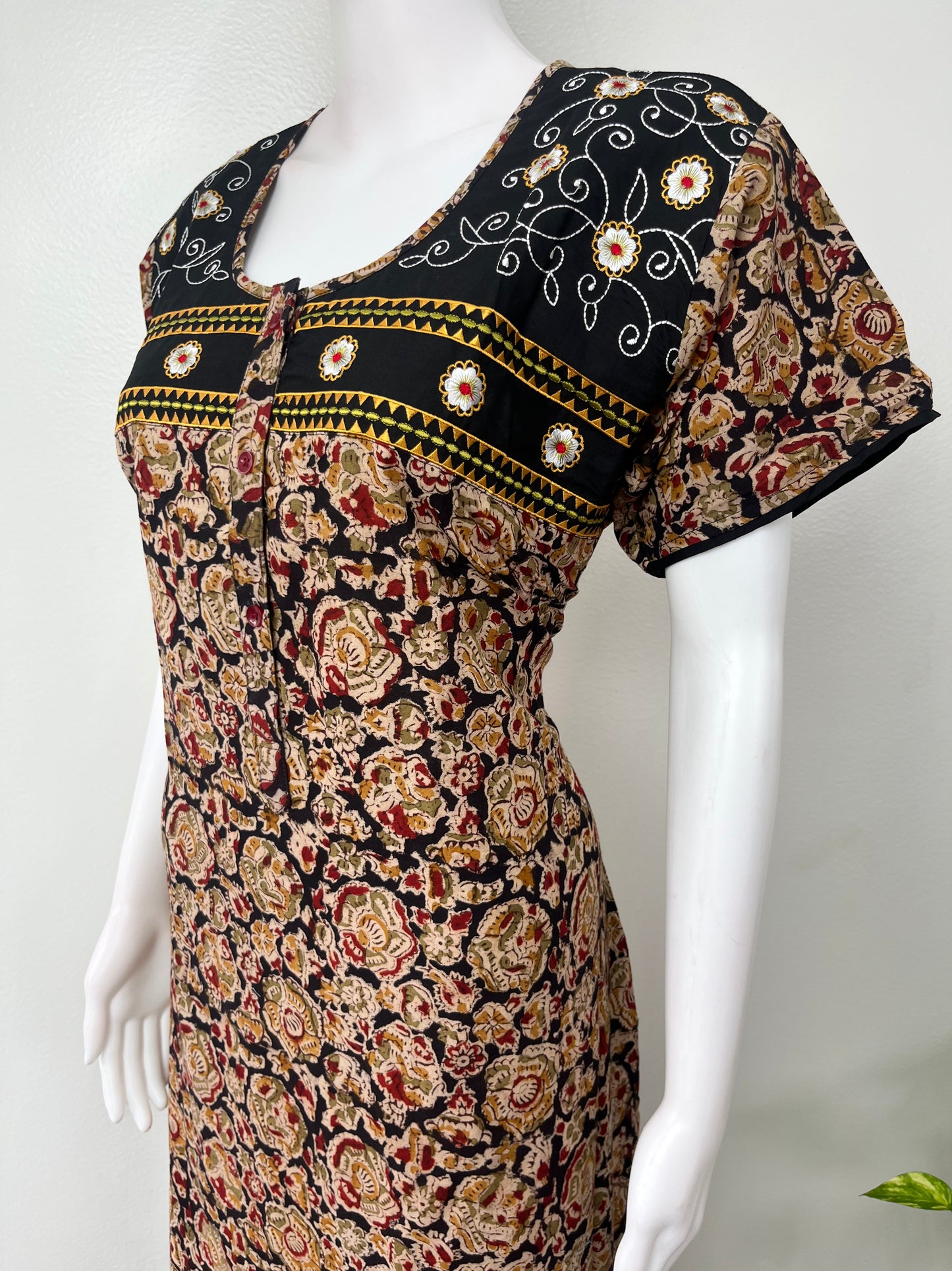 Black Pure Cotton Kalamkari Nighty for Women