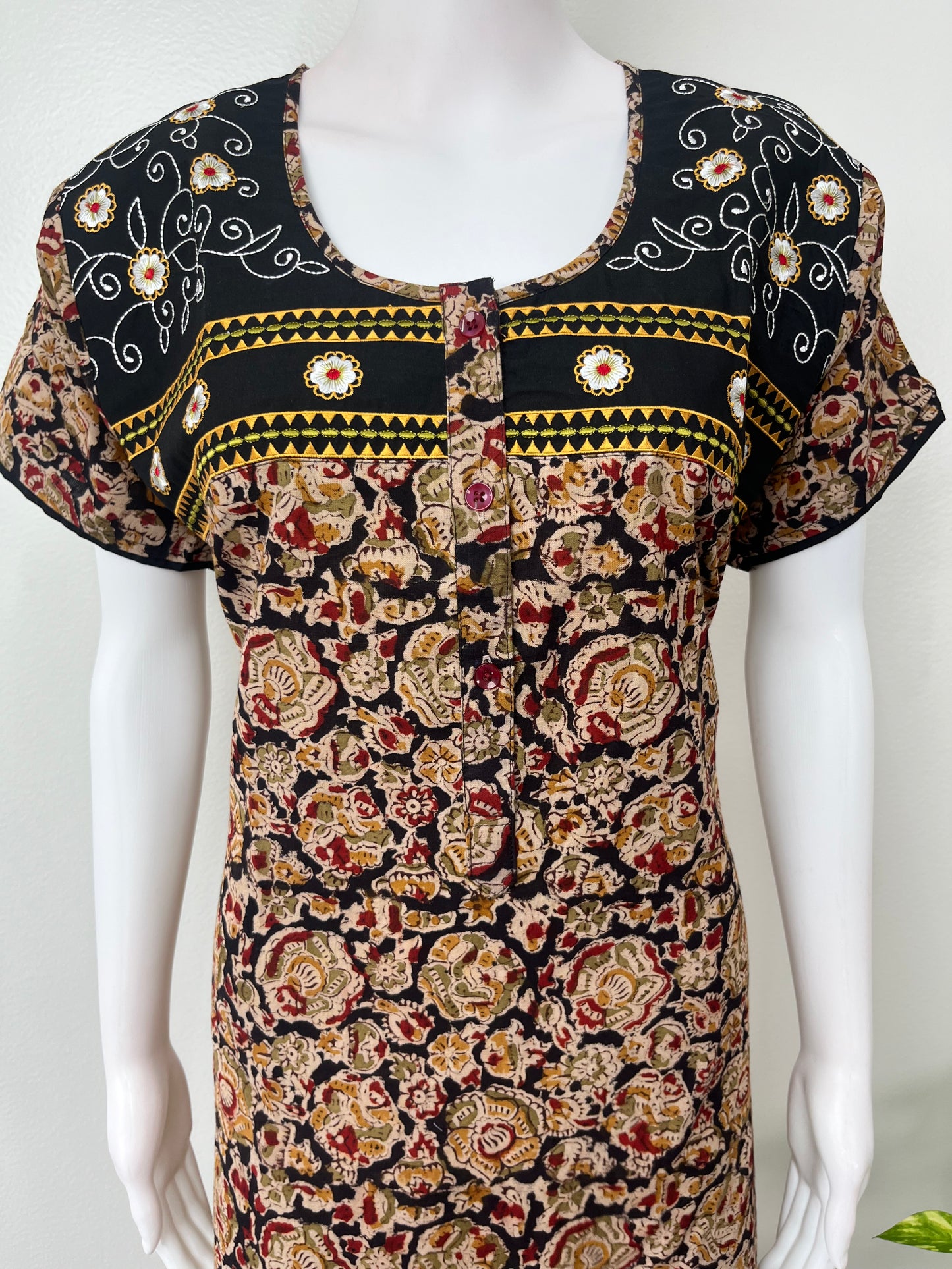 Black Pure Cotton Kalamkari Nighty for Women