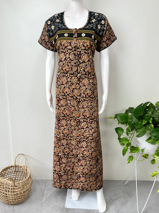 Black Pure Cotton Kalamkari Nighty for Women