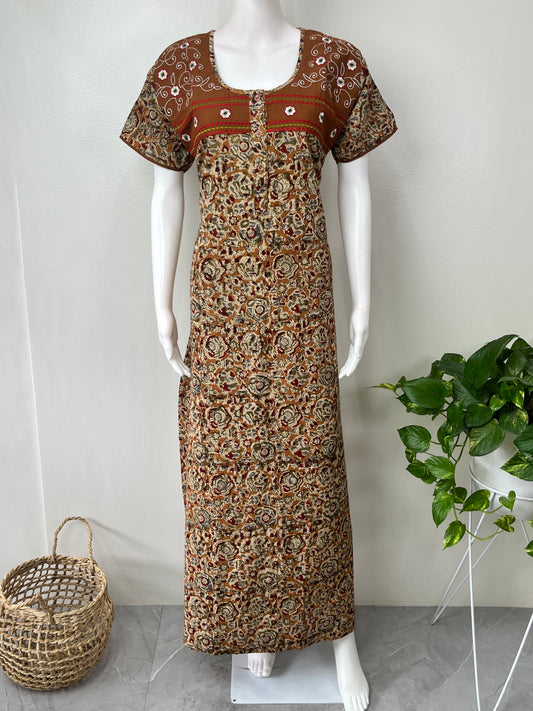 Mustard Pure Kalamkari Cotton Nightgown Soft & Comfortable