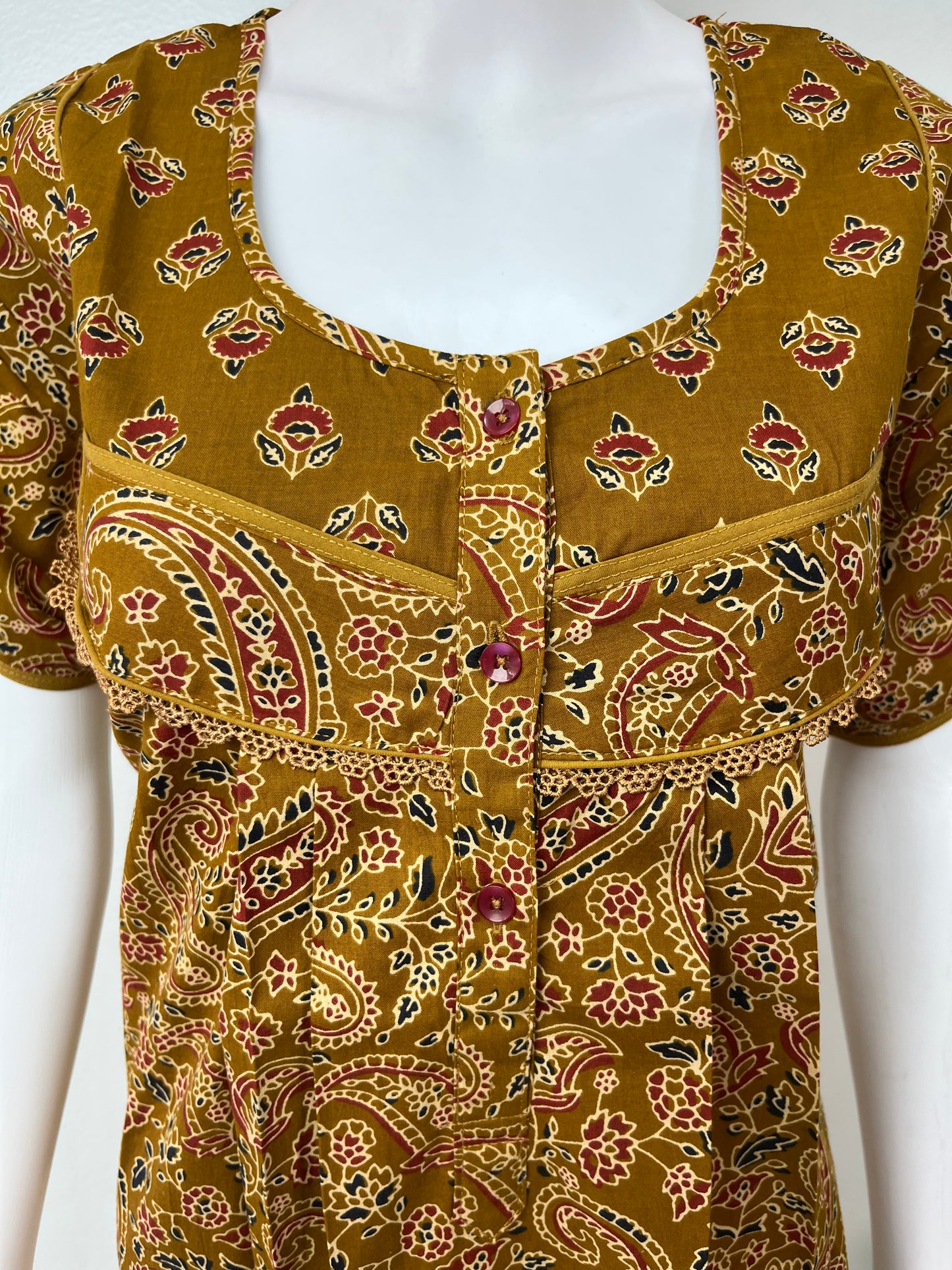 Mustard Pleated Cotton Women's Nightgown