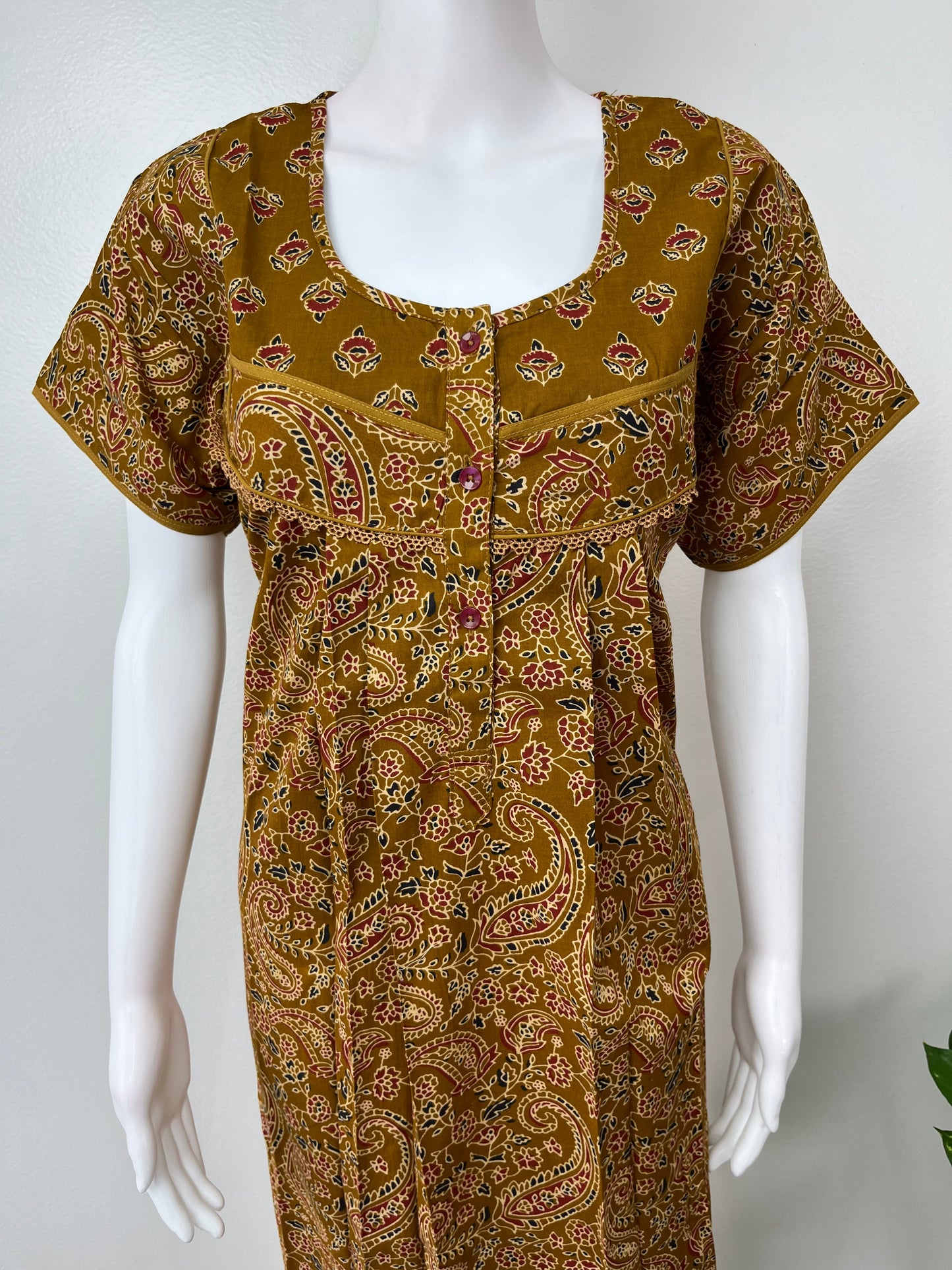 Mustard Pleated Cotton Women's Nightgown