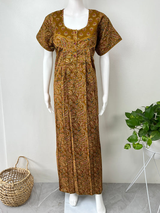 Mustard Pleated Cotton Women's Nightgown