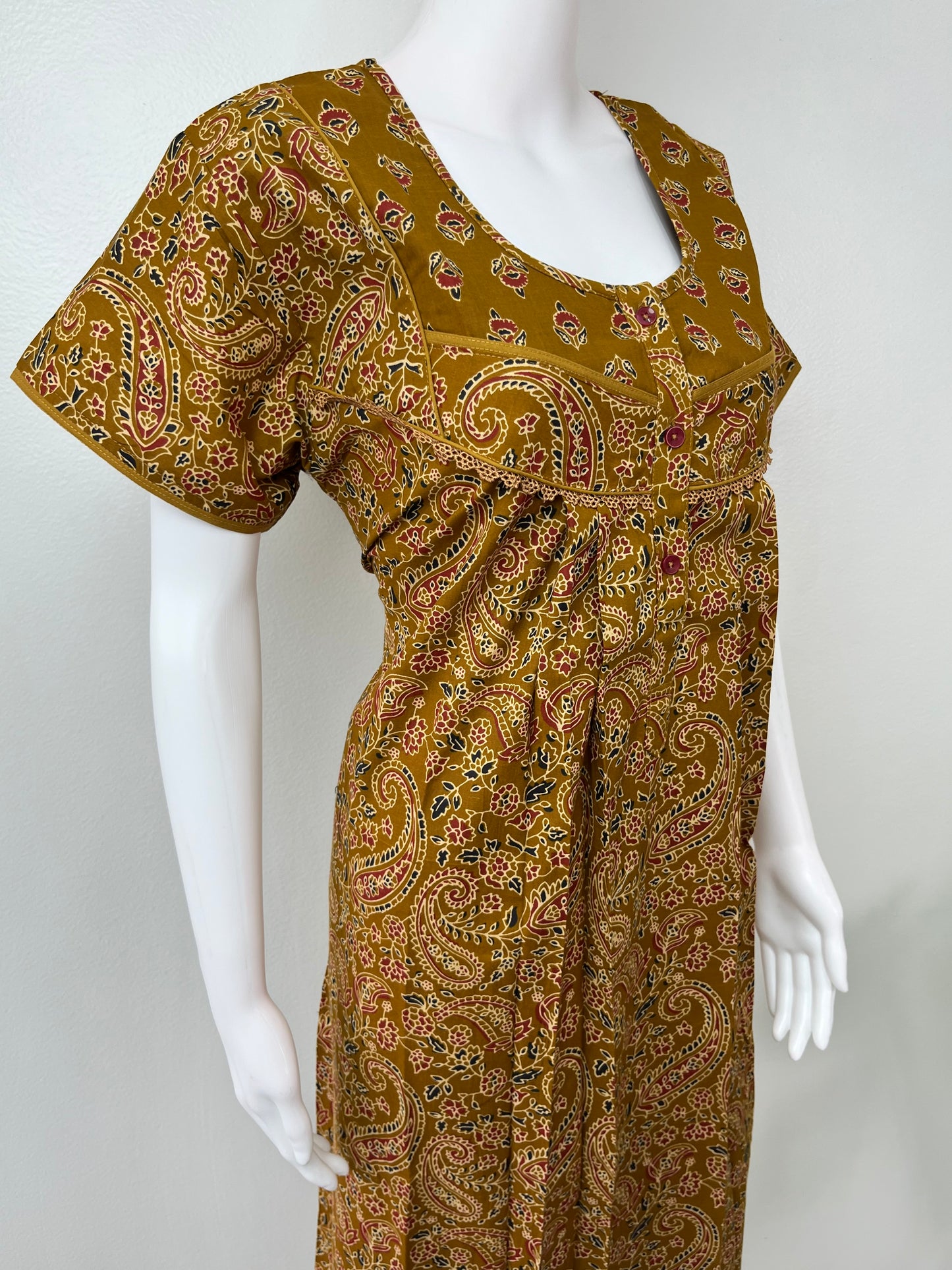 Mustard Pleated Cotton Women's Nightgown
