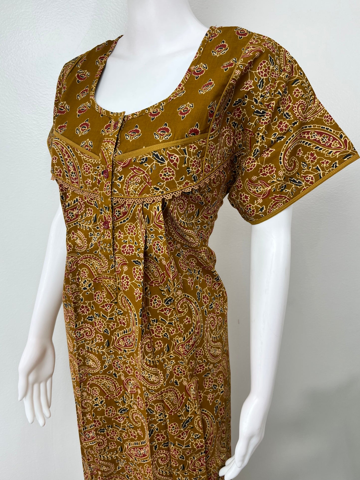 Mustard Pleated Cotton Women's Nightgown