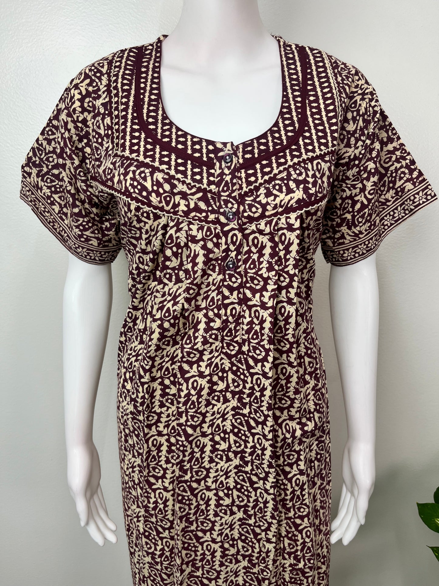 Brown Pleated Cotton Nighty for Women