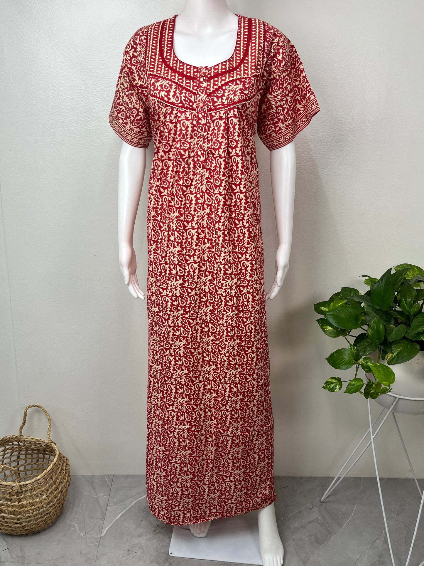 Red Pure Cotton Nightgown Soft & Comfortable