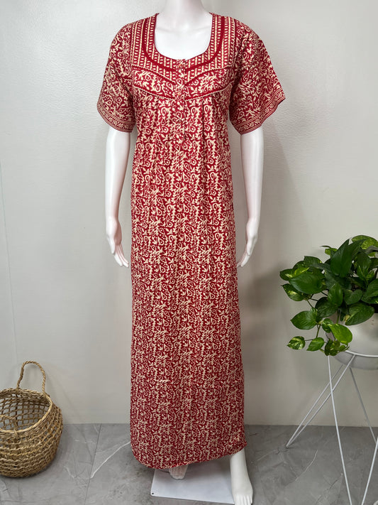Red Pure Cotton Nightgown Soft & Comfortable