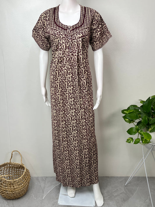 Brown Pleated Cotton Nighty for Women