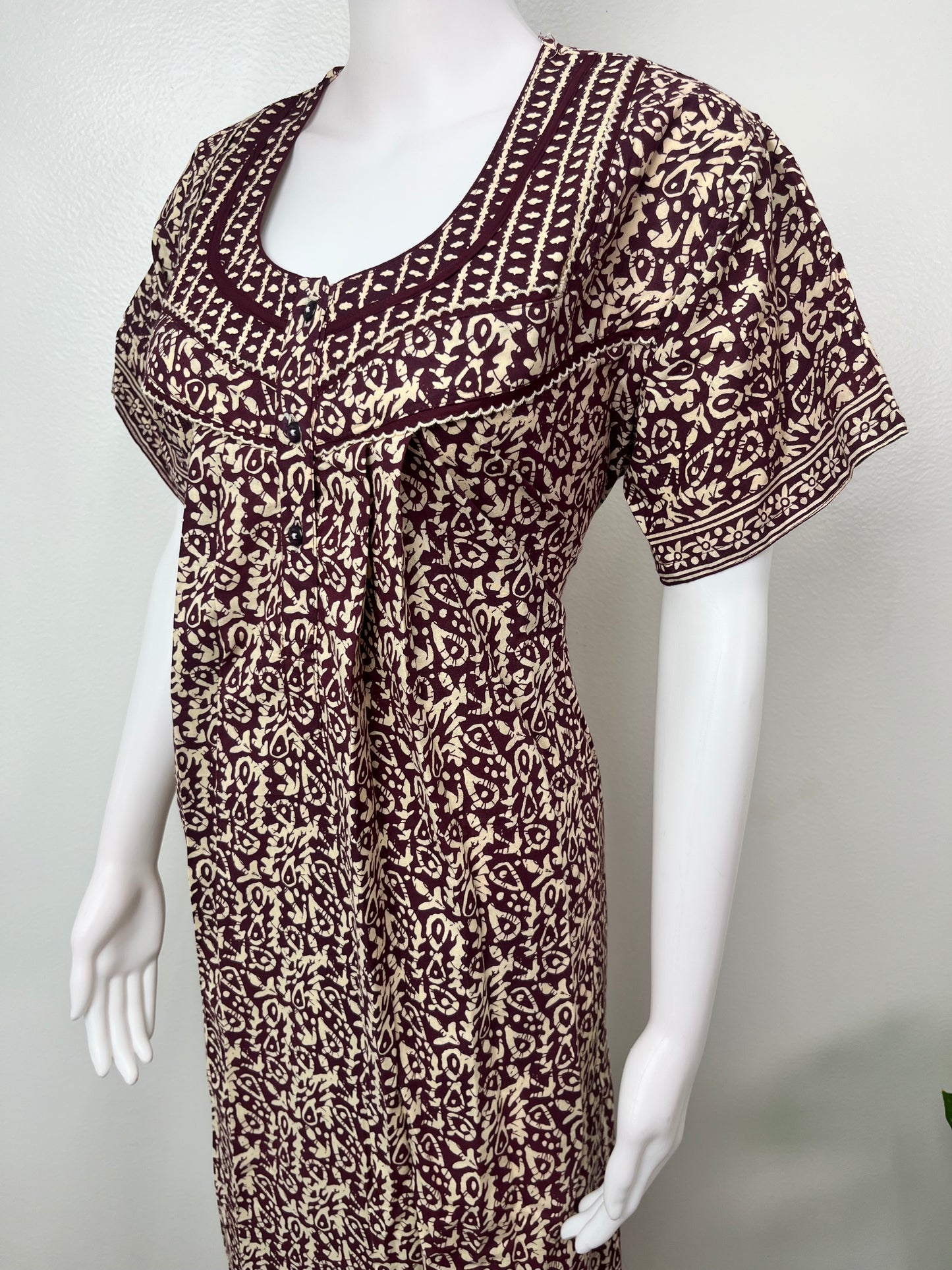 Brown Pleated Cotton Nighty for Women