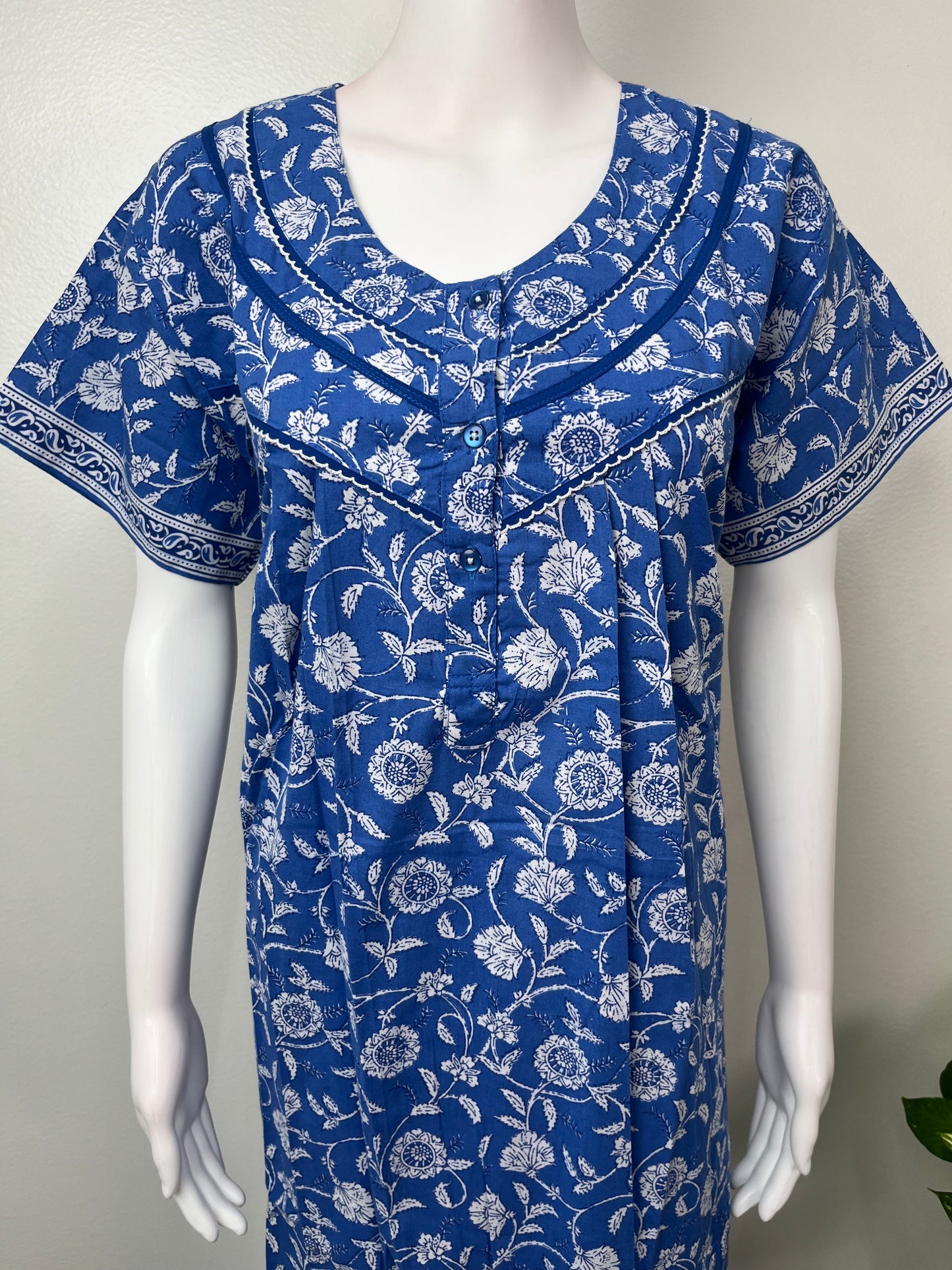 Royal Blue Pleated Cotton Nightgown