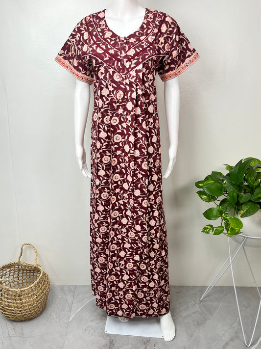 Maroon Printed Pure Cotton Nightgown