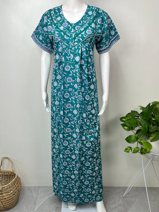 Teal Blue 100% Cotton Nightgown for Women