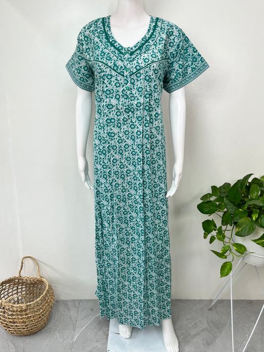 Sea Green Printed 100% Cotton Nighty for Women