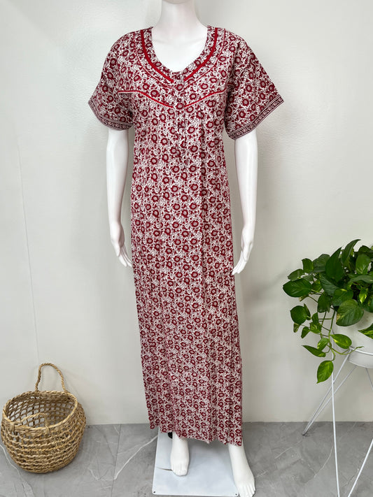 Red Pleated 100% Cotton Women's Nightgown